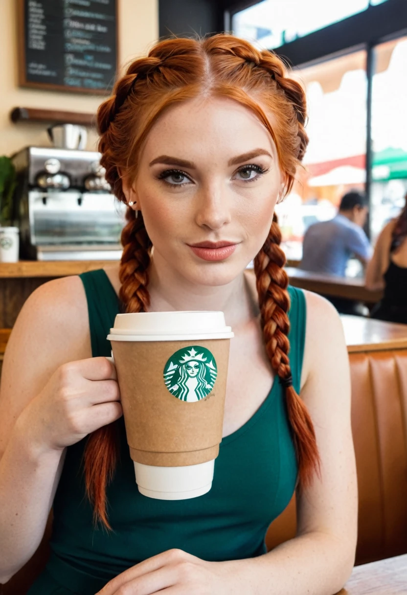25 year old woman, redhead, fit body, braids in her hair, coffee shop, well dressed, starbuks