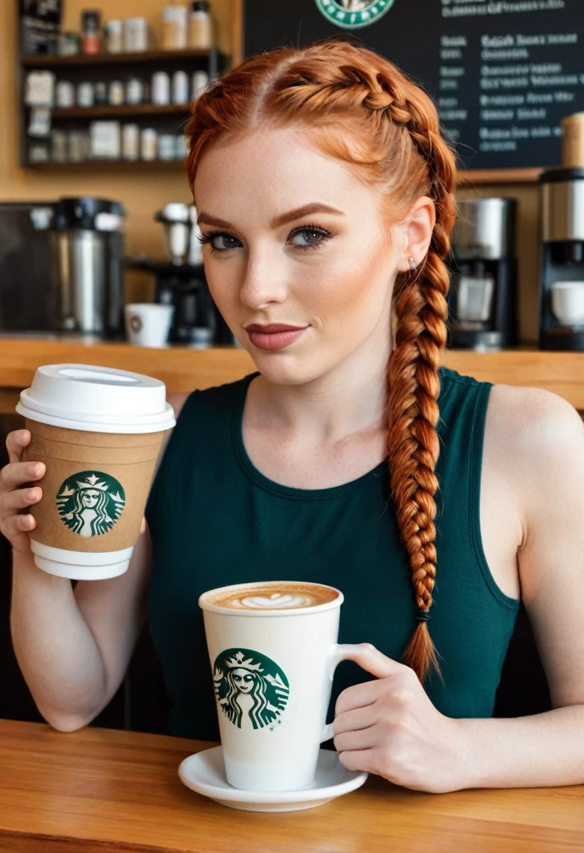 25 year old woman, redhead, fit body, braids in her hair, coffee shop, well dressed, starbuks