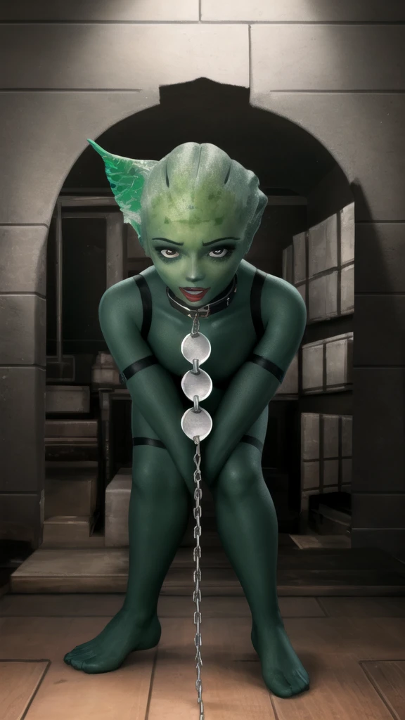 chain leash robotskin,(( cyborg)) xyzliara, 1girl, standing, bodysuit, upper body, science fiction, looking at viewer, (monster girl), ((green skin)), silver shock, collar, cute face, dramatic lighting, ready to serve in sex, dungeon, BDSM gears, wallpaper, intricate, sharp focus, ray tracing, rtx, professionally color graded, professional photography, masterpiece, ultra detailed, high quality, best quality, 4k, 8k, solo, 3d render