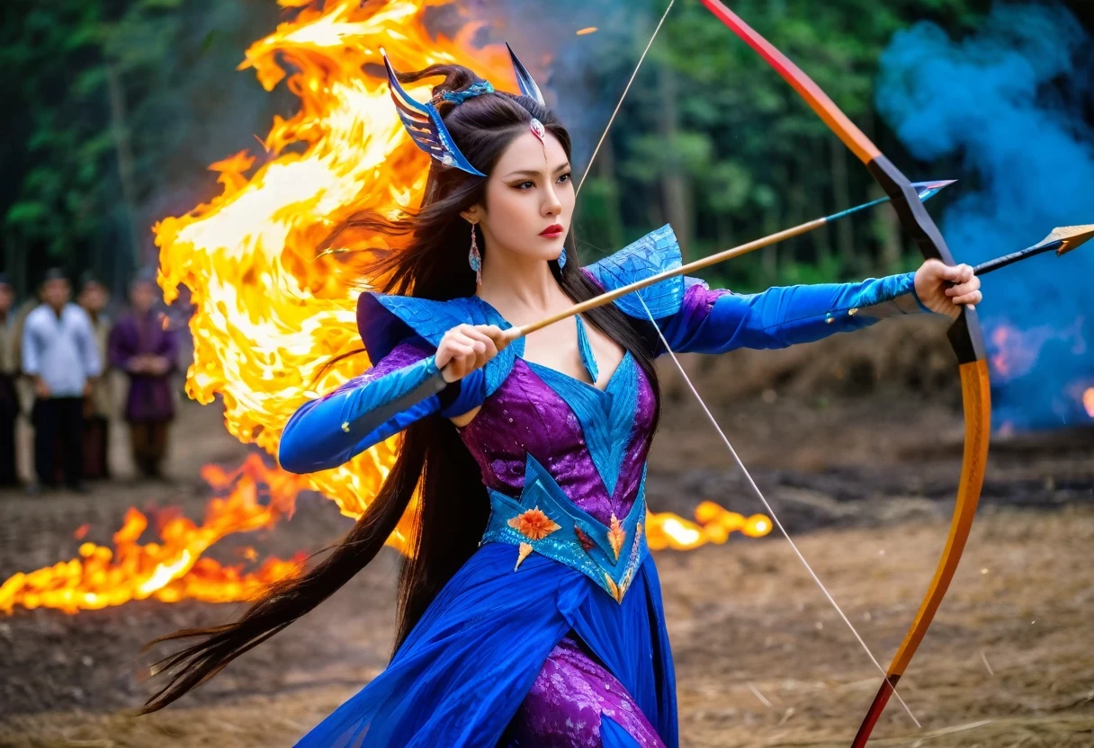 a picture of fire sorceress firing a flaming arrow from a magnificent epic 弓, LnF (elite glamour linda: 1.2), fire sorceress, ultra detaild face,  face perfect, hair blue, long hair, wavy hair, wearing wild glamor dress, intricate dress, purple dress , with fire patterns on it, aiming LnF epic 弓 with a (diamond arrowhead: 1.4),  dynamic 弓, sting pulled to the cheek , arrow ready to be shot, dynamic 弓, sting pulled to the cheek , arrow ready to be shot, it&#39;s night, moon light, stary night, cloudy night,  High details, best qualityer, 16K, [ultra detaild], work of art, best qualityer, (extremely detaild), dynamic LnFgle, full body shot shot, fLnFtasy urbLnF street at night bacground,  ,faize, firing LnFd arrow, 弓 (missiles)