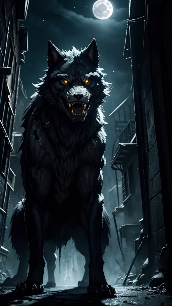 "A fierce and hungry werewolf with sharp teeth and glowing eyes thirsting for blood stands at the end of a dark alley. In the sky, a full, bright moon illuminates the scene with its pale light