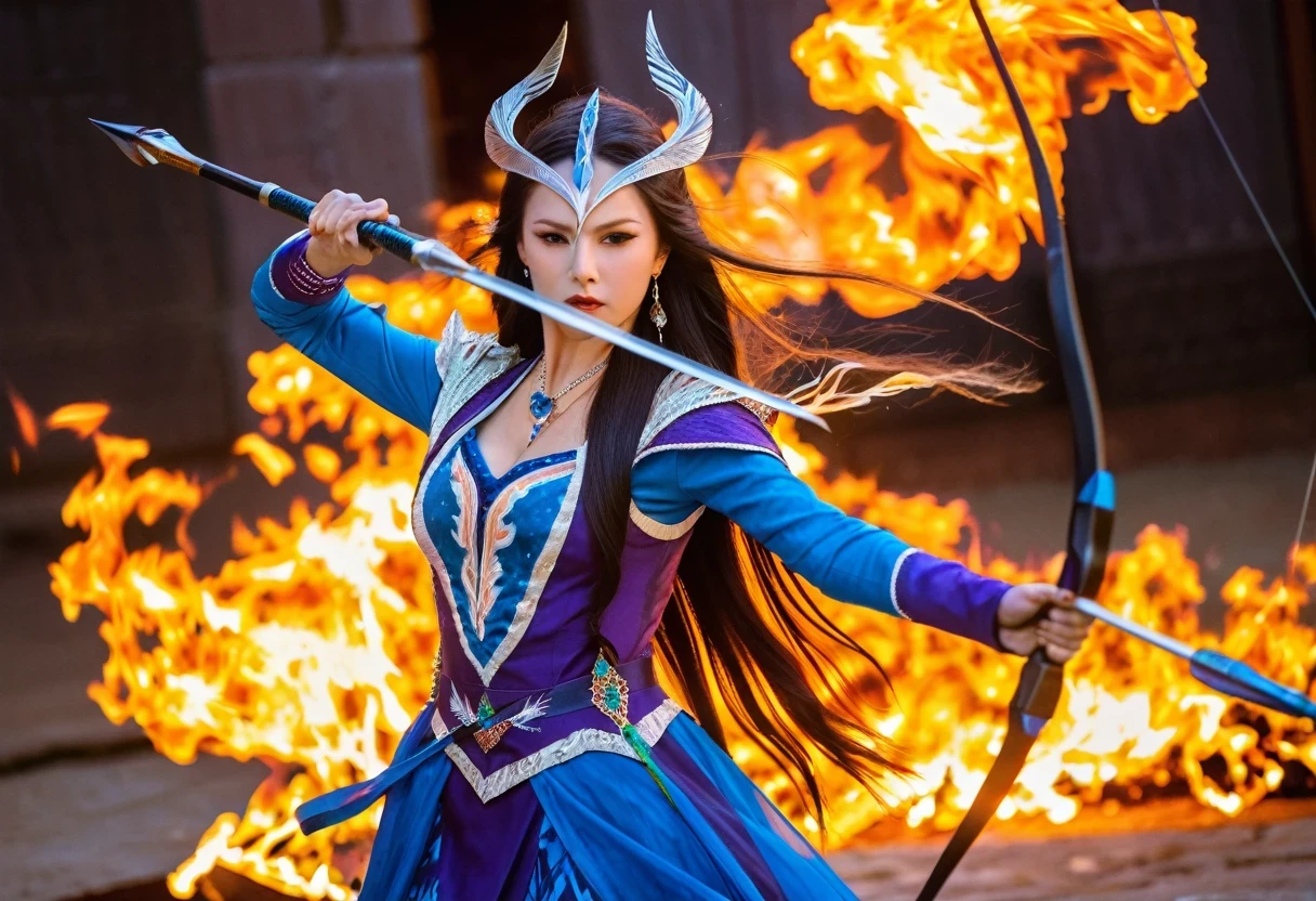 a picture of fire sorceress firing a flaming arrow from a magnificent epic 弓, LnF (elite glamour linda: 1.2), fire sorceress, ultra detaild face,  face perfect, hair blue, long hair, wavy hair, wearing wild glamor dress, intricate dress, purple dress , with fire patterns on it, aiming LnF epic 弓 with a (diamond arrowhead: 1.4),  dynamic 弓, sting pulled to the cheek , arrow ready to be shot, dynamic 弓, sting pulled to the cheek , arrow ready to be shot, it&#39;s night, moon light, stary night, cloudy night,  High details, best qualityer, 16K, [ultra detaild], work of art, best qualityer, (extremely detaild), dynamic LnFgle, full body shot shot, fLnFtasy urbLnF street at night bacground,  ,faize, firing LnFd arrow, 弓 (missiles)