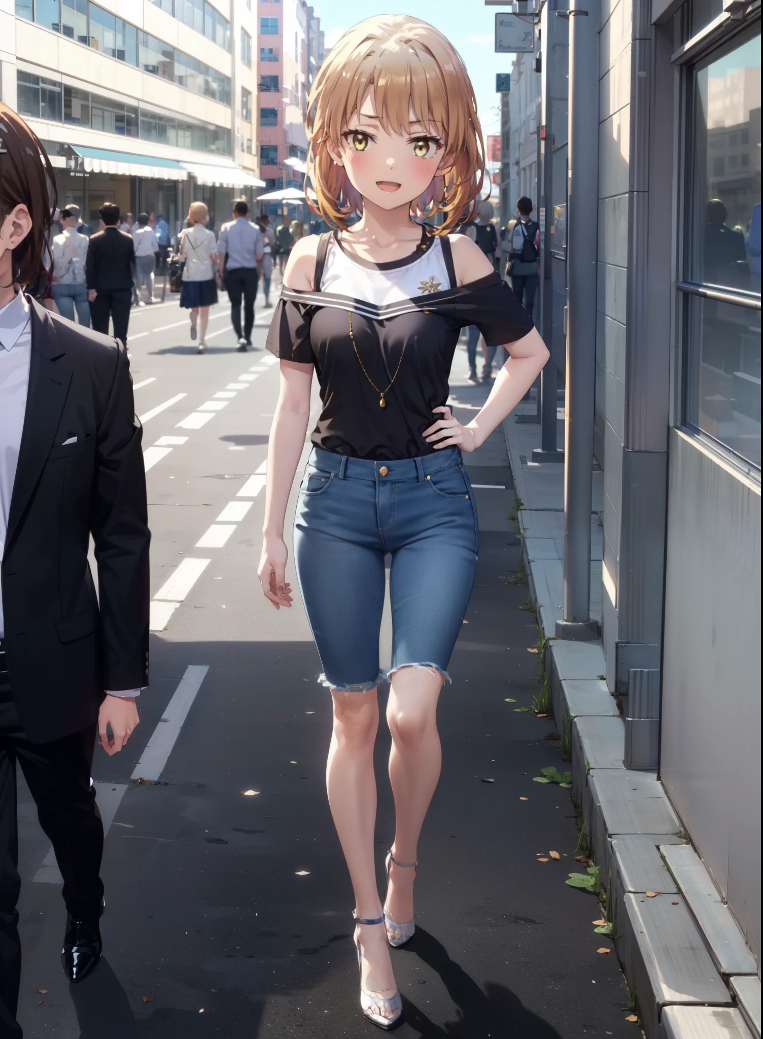 Irohaisshiki, isshiki iroha, Short Hair, Brown Hair, (Brown eyes:1.5), blush,ponytail,Squint both eyes,blush,
happy smile, smile, Open your mouth,Cold Shoulder Shirt,Short sleeve skinny jeans,Stiletto heels,Daytime,Clear skies,Are standing,Put your right hand on your hip,whole bodyがイラストに入るように,Looking up from bottom to top,
break outdoors, School,courtyard,
break looking at viewer,whole body,
break (masterpiece:1.2), Highest quality, High resolution, unity 8k wallpaper, (figure:0.8), (Beautiful attention to detail:1.6), Highly detailed face, Perfect lighting, Highly detailed CG, (Perfect hands, Perfect Anatomy),