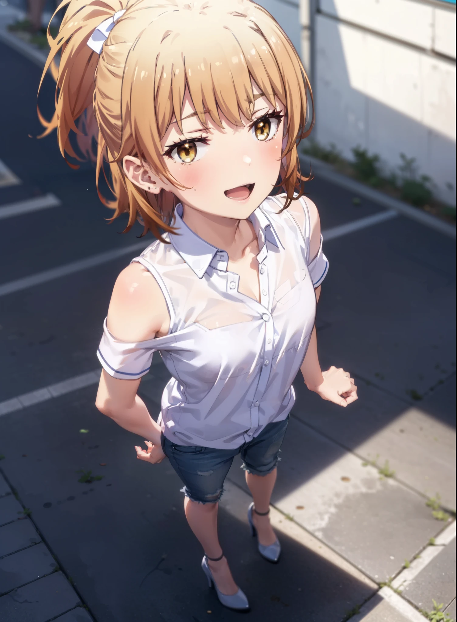 Irohaisshiki, isshiki iroha, Short Hair, Brown Hair, (Brown eyes:1.5), blush,ponytail,Squint both eyes,blush,
happy smile, smile, Open your mouth,Cold Shoulder Shirt,Short sleeve skinny jeans,Stiletto heels,Daytime,Clear skies,Are standing,Put your right hand on your hip,whole bodyがイラストに入るように,Looking up from bottom to top,
break outdoors, School,courtyard,
break looking at viewer,whole body,
break (masterpiece:1.2), Highest quality, High resolution, unity 8k wallpaper, (figure:0.8), (Beautiful attention to detail:1.6), Highly detailed face, Perfect lighting, Highly detailed CG, (Perfect hands, Perfect Anatomy),