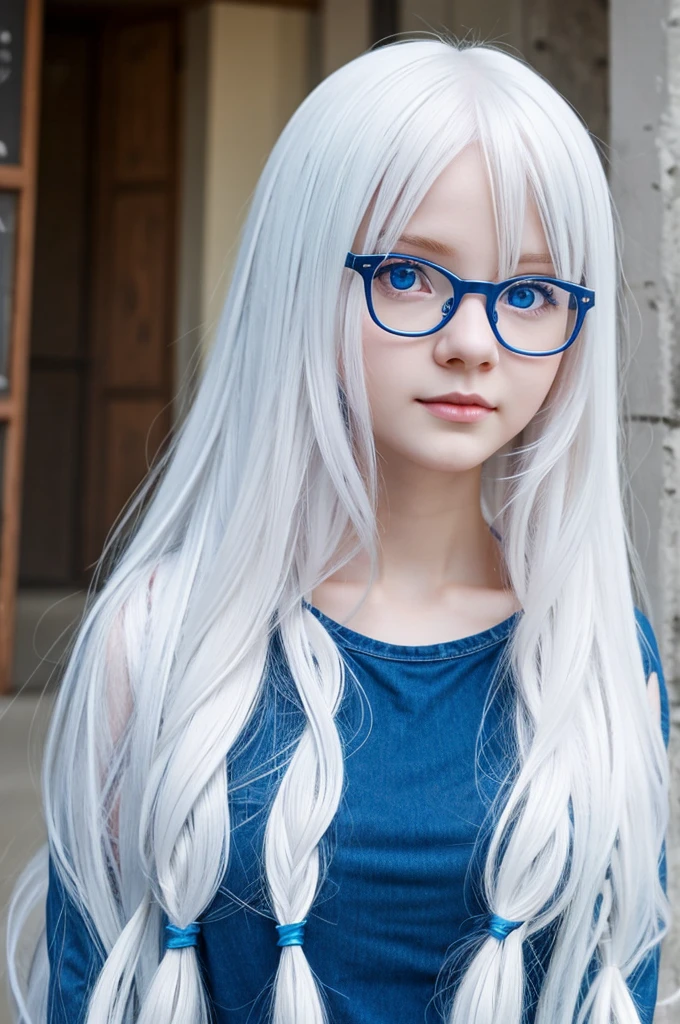 Cute albino girl with long white hair, blue eyes, Spectacled, anime style,  Best quality