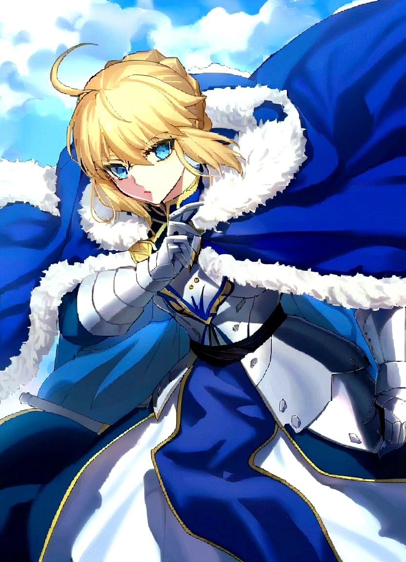 a woman in a blue cape and white dress holding a sword, artoria pendragon, Destiny grand order, anime style like Destiny/stay overnight, Destiny / stay overnight, Destiny stay overnight, Destiny NULL, Destiny/NULL, inspired by Li Chevalier, alicization, blue robe, she is holding a sword, female protagonist 👀 :8