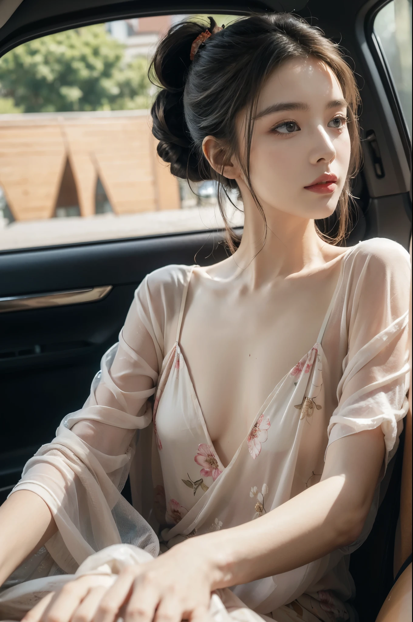 (((best quality))),(((ultra detailed))),(((masterpiece))),illustration,((1 beautiful girl,female driver,solo)),((sitting on the seat)),((in the car)),((slim,thin)),((small breasts,flat chest)),parked,roadside,vibrant,(floral sheer pajama dress:1.3),graceful,(short ponytail:1.2),(slender legs:1.2),((arms behind back,spread legs apart)),delicate,features,eyes,focused,ahead,calm,concentration,classic,convertible,evening,breeze,caress,adjusted,,frame,confident,steering,wheel,delicate,hands,maneuver,control,world,setting,sun,warm,glow,illuminate,sky,canvas,match,road,stretch,explore,possibilities,background,town,life,evening,shops,opening,doors,people,strolling,cool,air,atmosphere,peaceful,serene,contrast,chaos,city,independence,societal,norms,constraints,destiny,embrace,challenges,symbol,strength,resilience,spirit,summer,((from front,upper body))