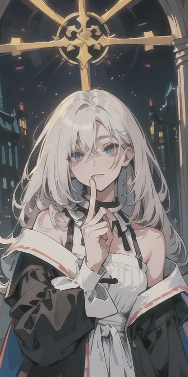 ((highest quallity)), homen, Detailed Description,gorgeous face, blue left eye, red right eye, slickedback hair, hypdertailed, hair down to the shoulders, Gothic, caucasiano,renaissance church window background,black robe,Beautiful young man, Detailed facial representation, black monk clothes, arms crossed, crucifix in one hand