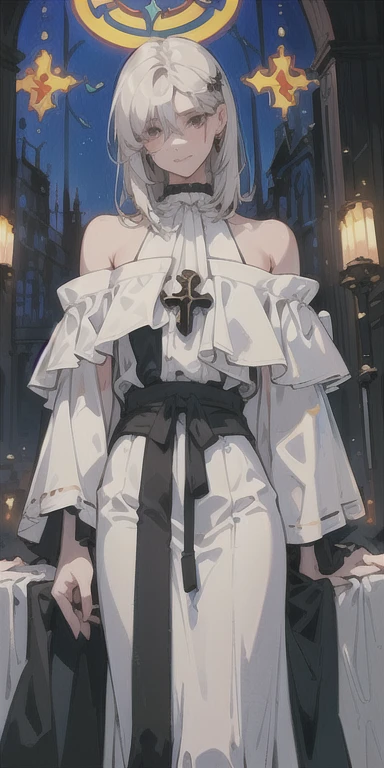 ((highest quallity)), homen, Detailed Description,gorgeous face, blue left eye, red right eye, slickedback hair, hypdertailed, hair down to the shoulders, Gothic, caucasiano,renaissance church window background,black robe,Beautiful young man, Detailed facial representation, black monk clothes, arms crossed, crucifix in one hand