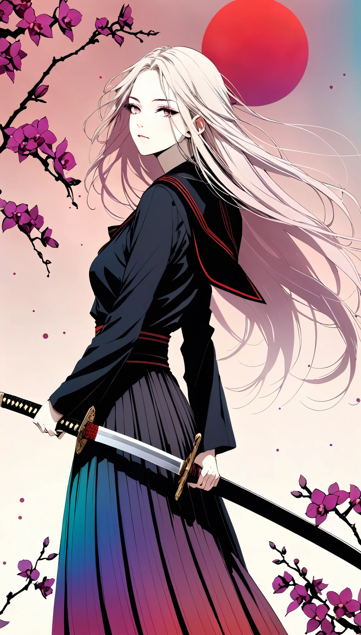 style of santiago caruso:1.1), 1 girl, Black sailor suit pleated skirt, (Blurred foreground), orchid, Long white hair fluttering in the wind, (((Background blur))), Red sphere background, permanent, Japanese sword, Holding a Japanese sword, （Eyes covered by orchids）,rich and colorful, (Diffuse gradient color:1.5), Both hands on the hilt and scabbard, illustration