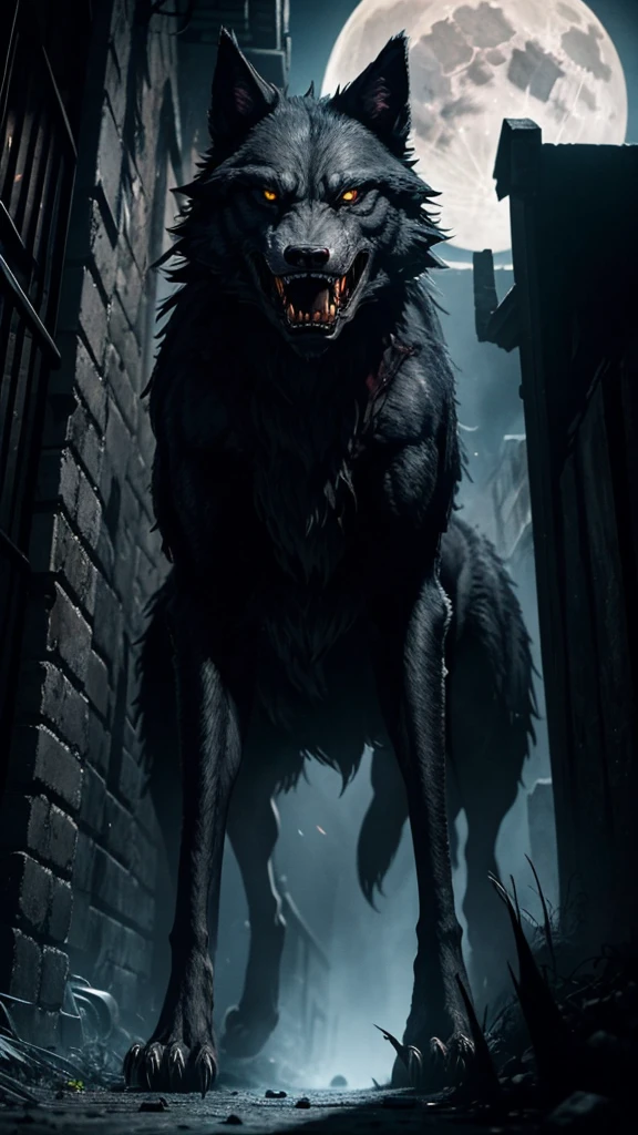 "A fierce and hungry werewolf with sharp teeth and glowing eyes thirsting for blood stands at the end of a dark alley. In the sky, a full, bright moon illuminates the scene with its pale light