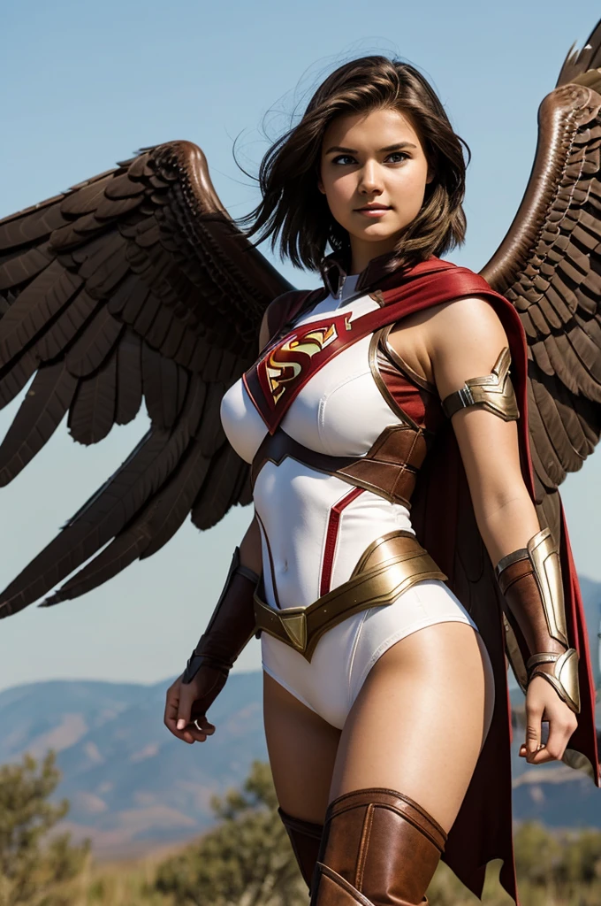 18 year old girl superheroine white hawk, with short brown hair and wings