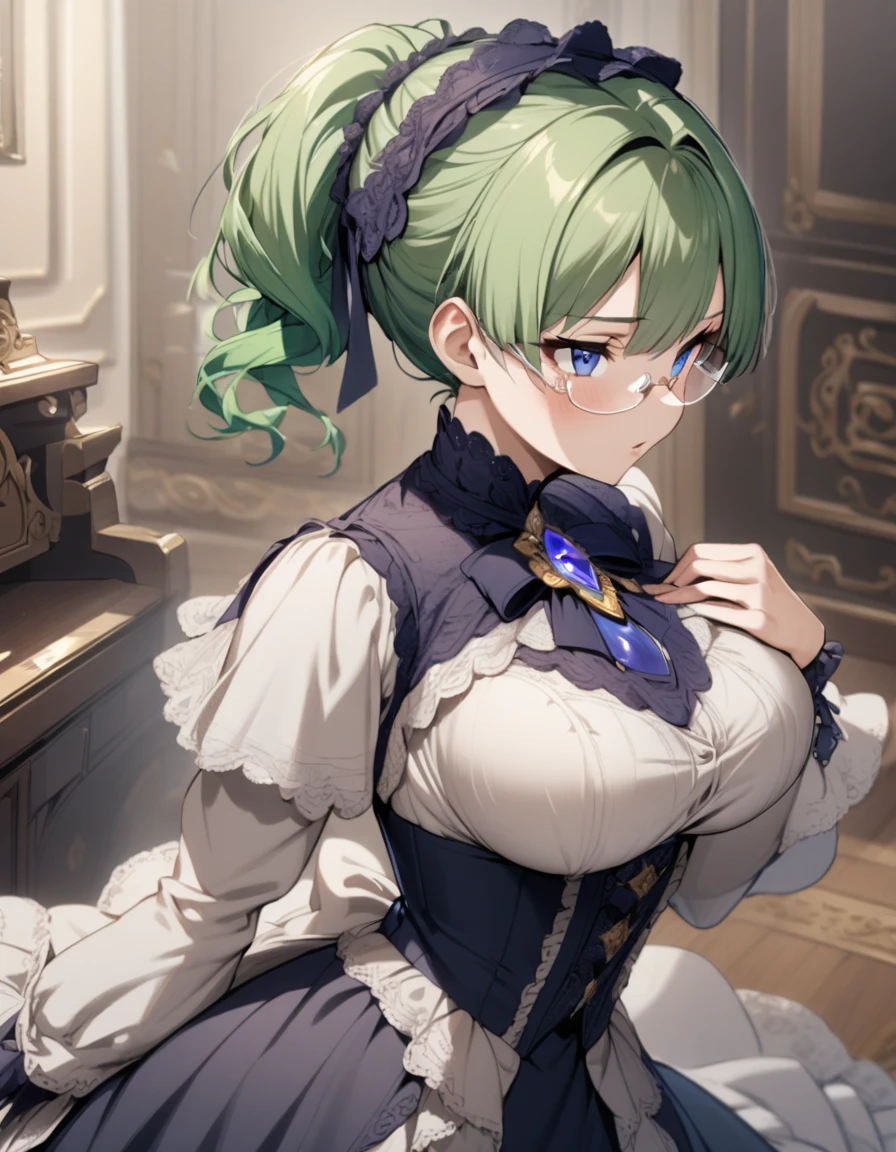 1girl,green hair,short ponytail,rimless eyewear,blue eyes,large breasts,large breasts,tanzanite brooch,victorian dress,