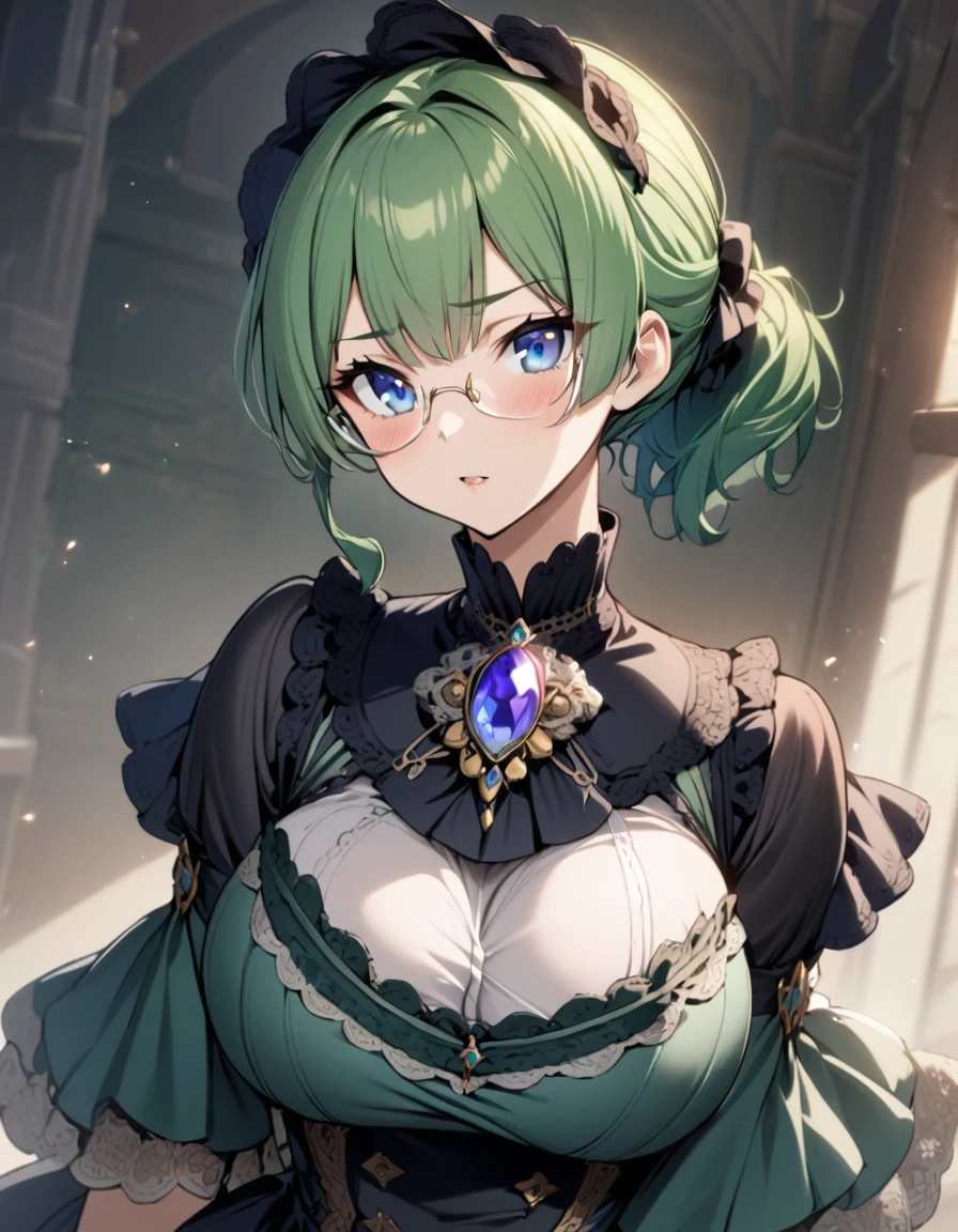 1girl,green hair,short ponytail,rimless eyewear,blue eyes,large breasts,large breasts,tanzanite brooch,victorian dress,