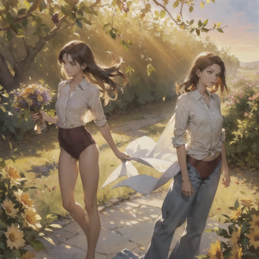 Exquisite, slender, delicate girl of 16 years old with a perfect gentle face of the southern type (with short dark burgundy hair) with freckles (with ruby earring) in the rays of the rising sun, naked with tender bare breasts with pink swollen nipples ((barefoot)) ((in an unbuttoned open burgundy shirt over a naked body and in small burgundy panties)) (on the veranda in the garden) Drinks ((coffee)) and looks at the flowers, in watercolor style, discreet light shades, Flares, (imitation of film photography), against the sun, a lot of sun glare, light fills the frame, olive and grape groves, strong wind, Brick Road, high image quality, Maximum detail, sunset lighting, Warm evening shades, (warm golden and olive sunset light), big space eyes, olive and grape groves, Brick Road, ((чашки с coffee и coffeeйники у домика))
