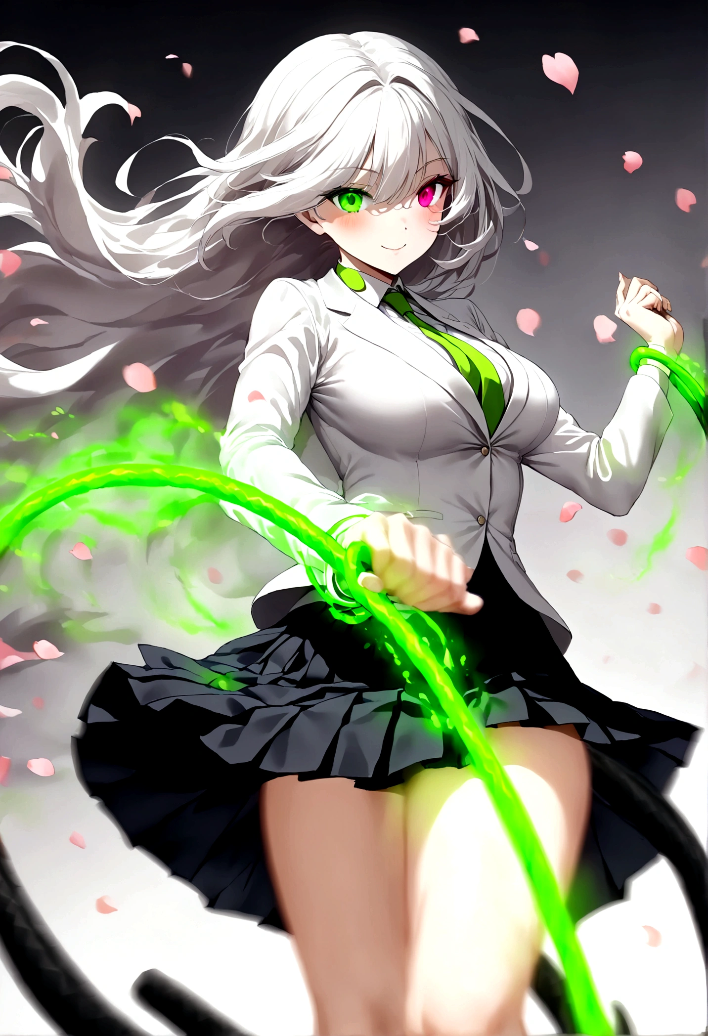 Japanese Anime,1 girl swinging a whip,Smile,White long haire butterflys,Anime style,body movements,Sense of Power,Force Value,(((Heterochromia:1.37))),(((Black pleated skirt,))),Elegant Posture、Red Moon、dark purple tones,Elegant and atmospheric。,(((Fluorescent green whip:1.37。Motion blurred,Motion Blur))),Petals in the sky,Blurred foreground,Face Focus