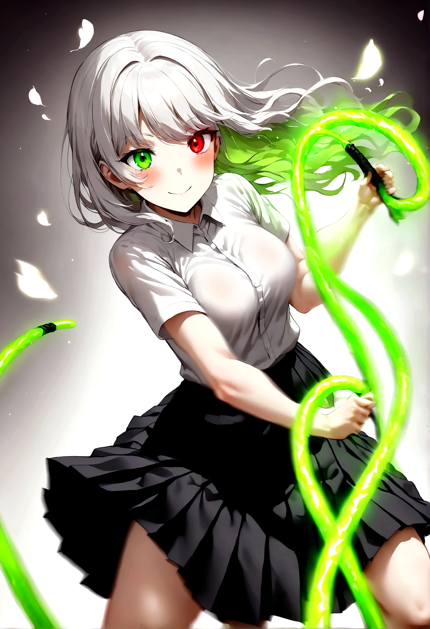 Japanese Anime,1 girl swinging a whip,Smile,White long haire butterflys,Anime style,body movements,Sense of Power,Force Value,(((Heterochromia:1.37))),(((Black pleated skirt,))),Elegant Posture、Red Moon、dark purple tones,Elegant and atmospheric。,(((Fluorescent green whip:1.37。Motion blurred,Motion Blur))),Petals in the sky,Blurred foreground,Face Focus