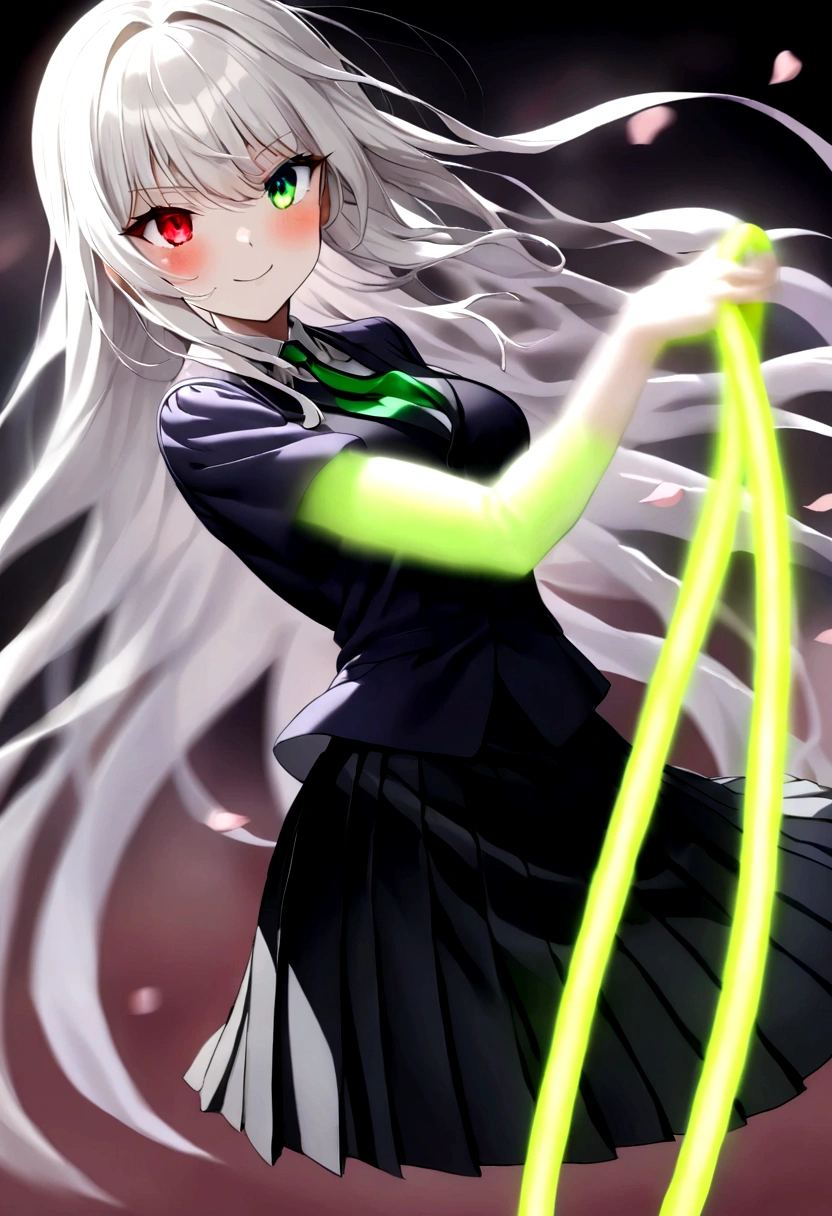 Japanese Anime,1 girl swinging a whip,Smile,White long haire butterflys,Anime style,body movements,Sense of Power,Force Value,(((Heterochromia:1.37))),(((Black pleated skirt,))),Elegant Posture、Red Moon、dark purple tones,Elegant and atmospheric。,(((Fluorescent green whip:1.37。Motion blurred,Motion Blur))),Petals in the sky,Blurred foreground,Face Focus