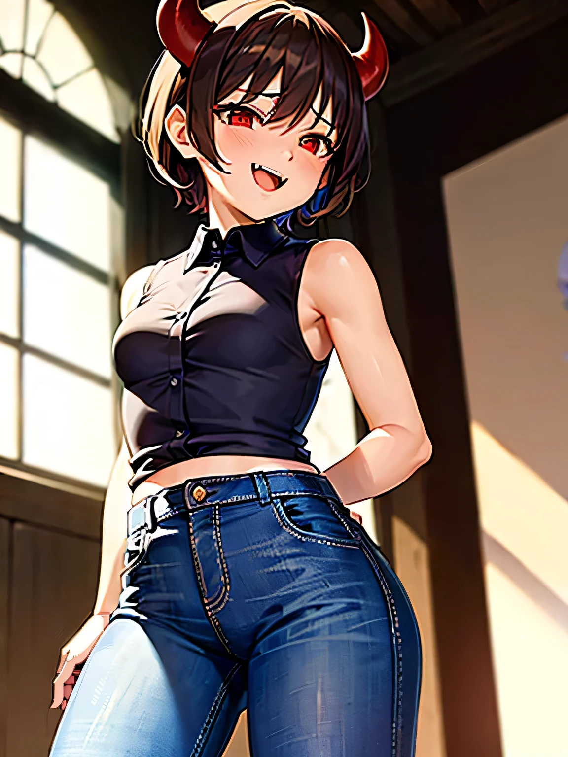 (SFW:2),(cool:2),(Small breasts:1.3),beautiful, masterpiece, Highest quality, anime, 1 Girl, alone, look at viewer, Intricate details, (Shining Eyes:1.3),(Beautifully detailed eyes:1.1),(Eyes are bright red:1.5),(short hair:1.5),(sidelocks:1.4),(Demon horns on head:1.5),(Brown Hair:1.5), (slant eyes), Cheerful eyes,(Mouth wide open and fangs:1.3),(sleeveless shirt:1.5),(jeans:1),(Sharp focus:1.2),from front,(light smile:1),(upper body),(aggressive),(jeans),off shoulder,