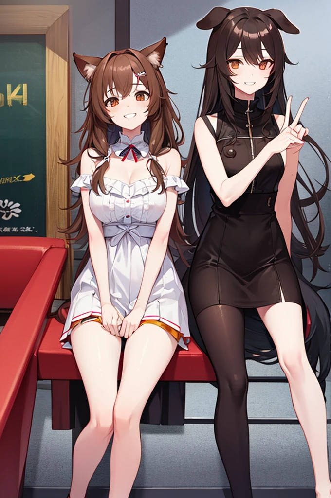 8K、4K、masterpiece、High resolution、Highest quality、1 girl、Exact number of arms、Exact number of legs、Exact finger count、Inugami Korone、Korone Base、Grin、Hololive、Virtual YouTuber、Brown eyes、Brown Hair、Dog Ears、Dog's tail、Dog Girl、Low braid、Twin braids、hair ornaments、bone hairpin、White Dress、Yellow cardigan、smile、3、Sitting、indoor、Video game、Game Controller、I'm sitting、