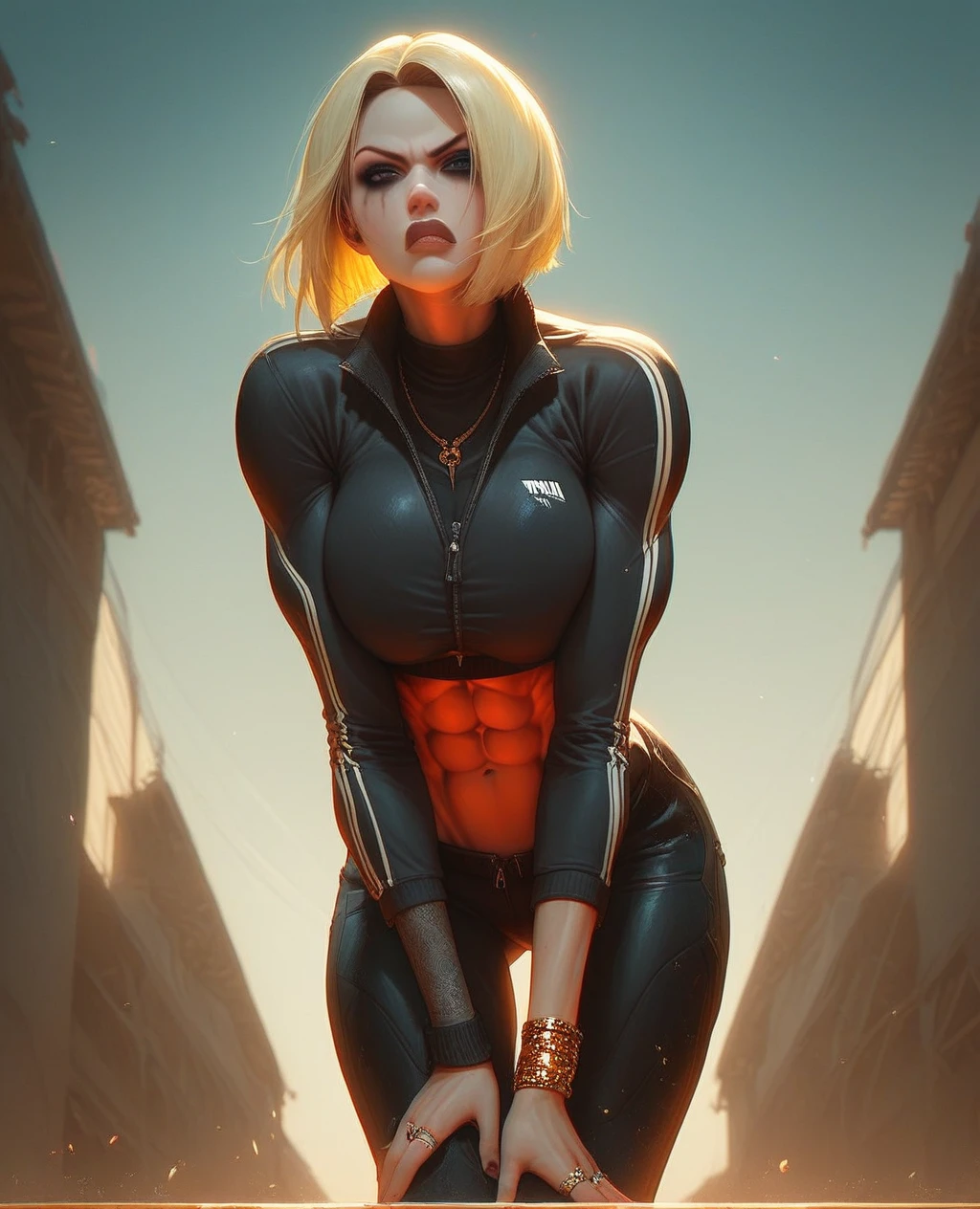 score_9, score_8_up, score_7_up, realistic style photo, highly detailed illustration, aesthetic, (from eyes view), a girl, , pale skin, hair_slicked_back, right_side_of_head_shaved, Ela, ela elite \(Rainbow Six Siege\),ela, ela \(Rainbow Six Siege\,blonde hair, huge breasts, pointy breasts, small waist, wide hips, muscular female, abs, necklace, arm bracelet, rings, mascara, close up, disgust, track jacket, shirt, leather pants, dynamic pose, leaning forward, outdoors, scenery, (dramatic lighting:0.5), (cinematic lighting:0.7), (volumetric lighting:0.8)