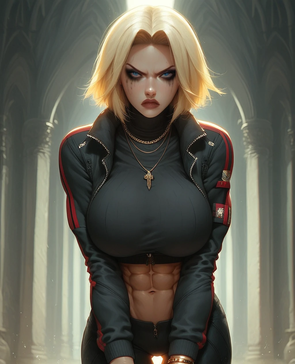 score_9, score_8_up, score_7_up, realistic style photo, highly detailed illustration, aesthetic, (from eyes view), a girl, , pale skin, hair_slicked_back, right_side_of_head_shaved,  Ela, ela elite \(Rainbow Six Siege\),ela, ela \(Rainbow Six Siege\,blonde hair,  huge breasts, pointy breasts, small waist, wide hips, muscular female, abs, necklace, arm bracelet, rings, mascara, close up, disgust, track jacket, shirt, leather pants, dynamic pose, leaning forward, outdoors, scenery, (dramatic lighting:0.5), (cinematic lighting:0.7), (volumetric lighting:0.8)