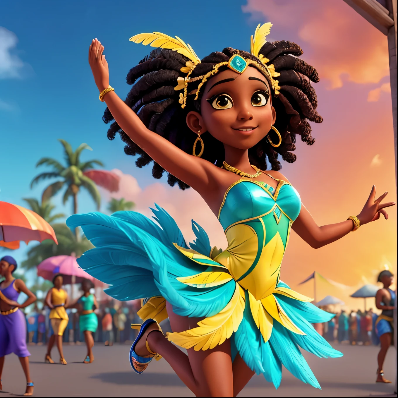 A beautiful and graceful soca dancer, detailed face, dark skin, looking at the viewer, Caribbean carnival, feathered costume, high heels, dynamic pose, hair floating in the air, happy atmosphere, colourful image, highly detailed.