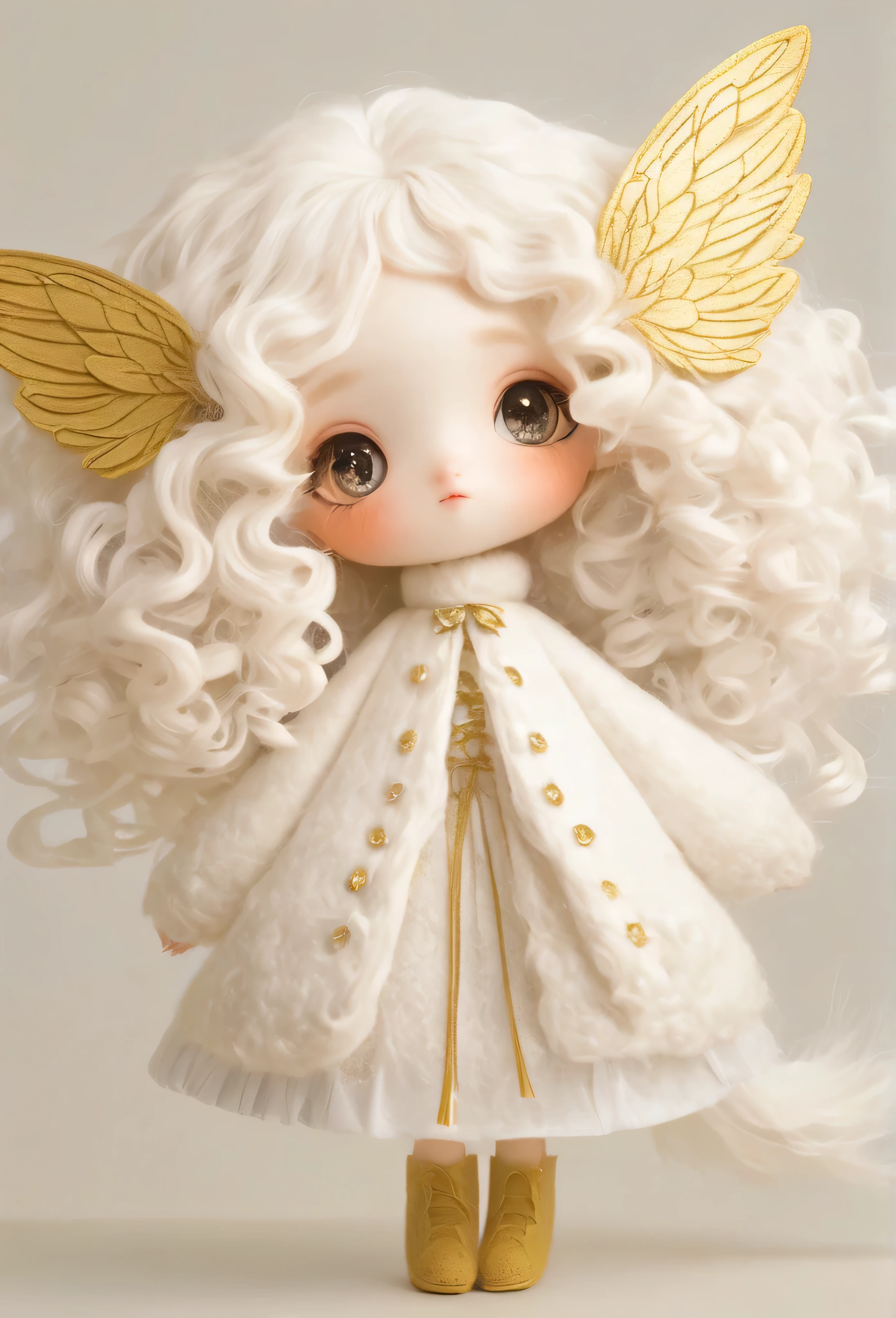 (masterpiece, best quality:1.2), 1 faerie Girl, beuty golden wings in back, Solitary, big eyes,White curly hair,Felt clothing