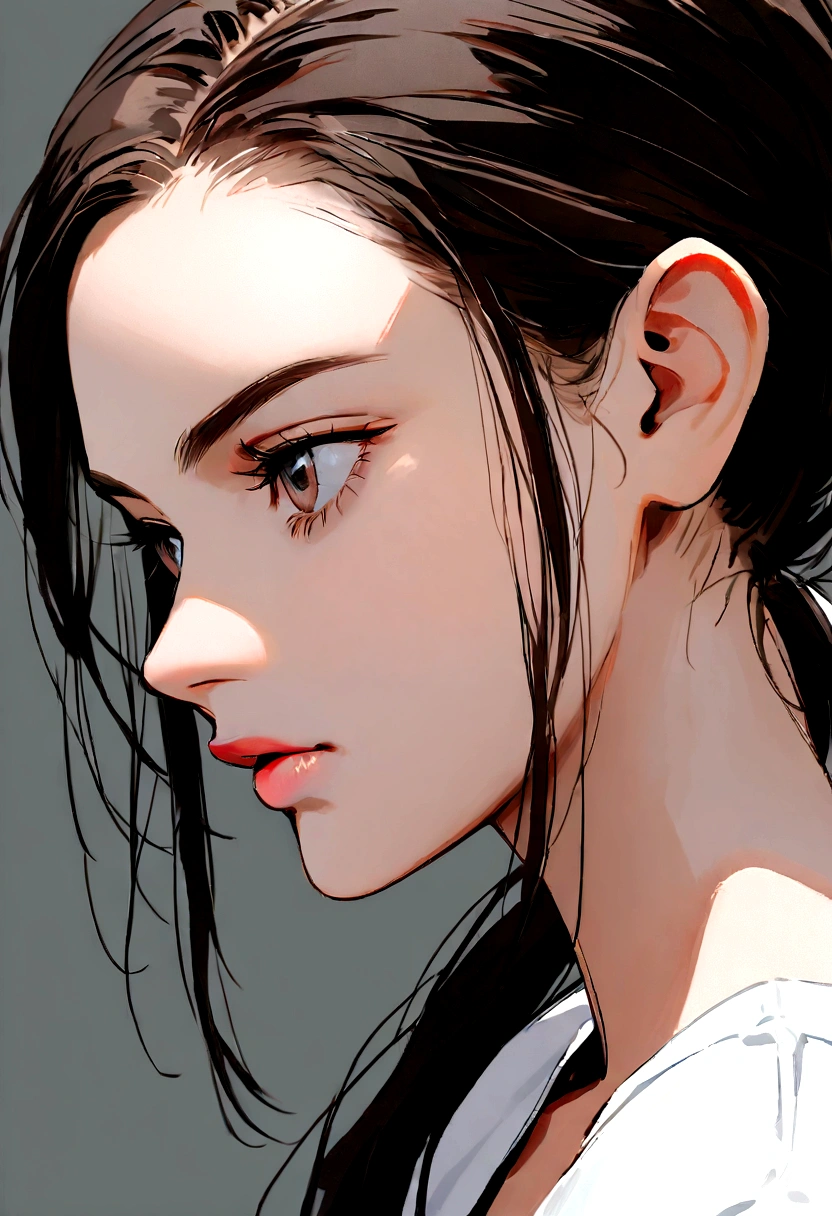 A brunette female Brazilian model, facing sideways looking away from the camera, serious and imposing, with the chin slightly up. The model is not wearing any accessories and she is wearing a white shirt. Her hair is up on sleek pony tail, and we can see her ears clearly, without obstruction. She is not wearing accessories, for the ear is the focus of the image. The photo is taken in a photography studio in an infinite background, and the background is dark without any objects, shadows or elements. The photo is clean and contrasty. The photo is in colour, portrait, and zoomed in her ears.