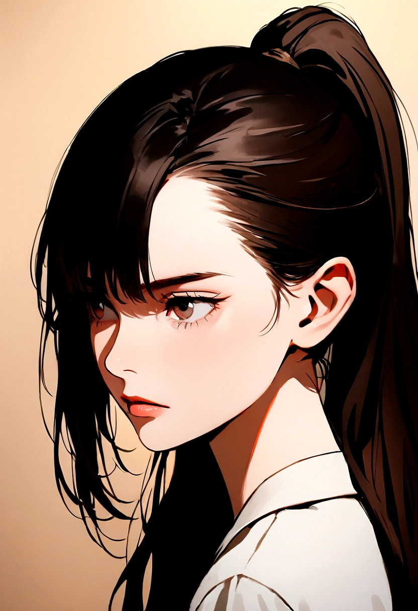 A brunette female Brazilian model, facing sideways looking away from the camera, serious and imposing, with the chin slightly up. The model is not wearing any accessories and she is wearing a white shirt. Her hair is up on sleek pony tail, and we can see her ears clearly, without obstruction. She is not wearing accessories, for the ear is the focus of the image. The photo is taken in a photography studio in an infinite background, and the background is dark without any objects, shadows or elements. The photo is clean and contrasty. The photo is in colour, portrait, and zoomed in her ears.
