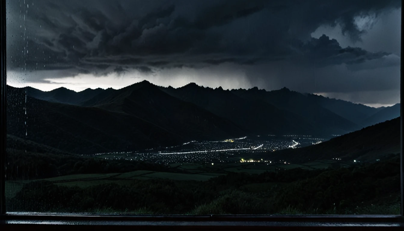 view from a dark window with black walls, outside dark mountains at night and black rain sky