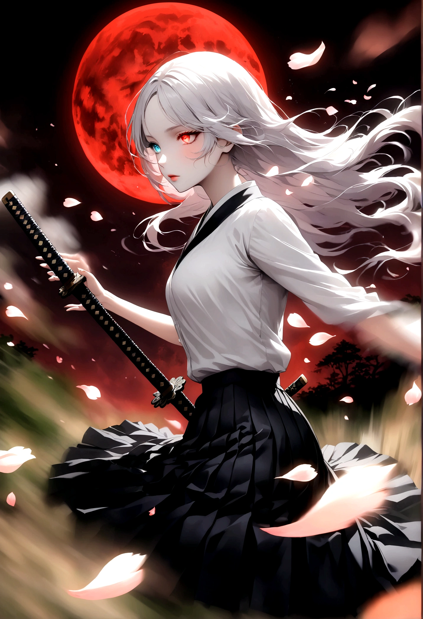 Japanese Anime：1 Girl, Beautiful and delicate eyes, Heterochromia，Beautiful and delicate lips, Extremely detailed eyes and face, Long eyelashes, Elegant Posture, White long hair,((( Black pleated skirt))), (((Glowing katana, Motion Blur, Petals in the air,))) Blurred foreground, Focus on the face, Japanese Anime艺术风格, Powerful energy, Dynamic Action, Red Moon, dark purple tones,
