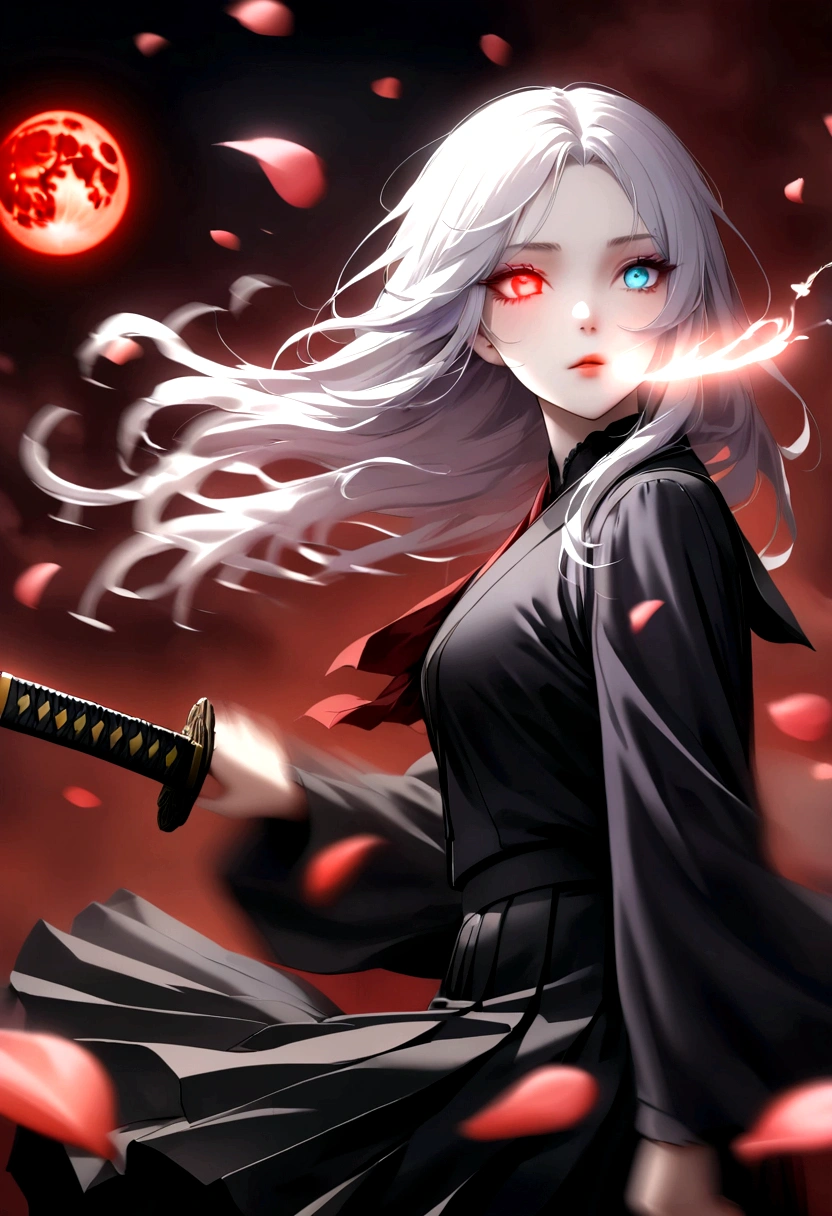 Japanese Anime:1 Girl, Beautiful and delicate eyes, Heterochromia,Beautiful and delicate lips, Extremely detailed eyes and face, Long eyelashes, Elegant Posture, White long hair,((( Black pleated skirt))), (((Glowing katana, Motion Blur, Petals in the air,))) Blurred foreground, Focus on the face, Japanese Anime艺术风格, Powerful energy, Dynamic Action, Red Moon, dark purple tones,