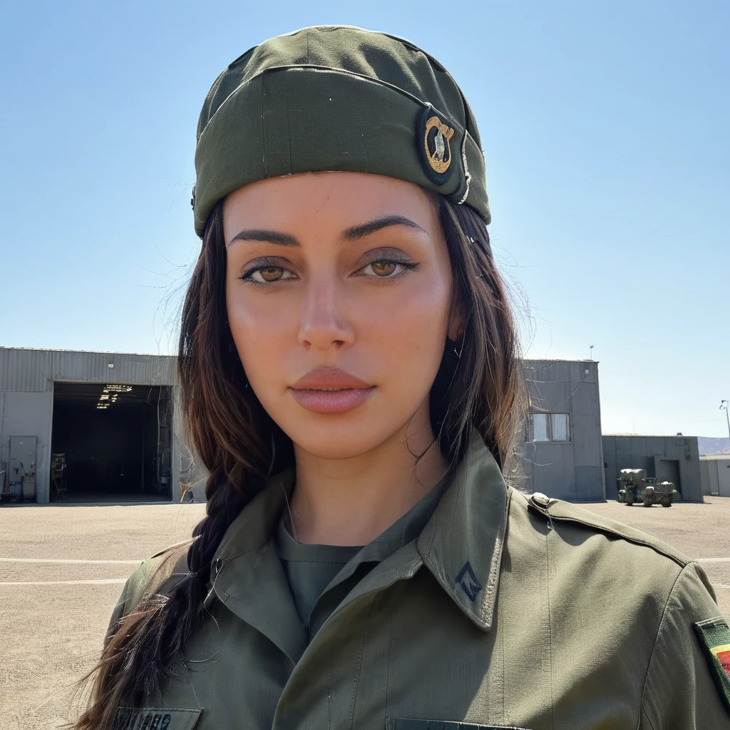 Hyperrealistic art photo of c1nd4 a woman, wearing a military outfit, at a military base, looking directly at viewer, frontview, solo, . Extremely high-resolution details, photographic, realism pushed to extreme, fine texture, incredibly lifelike