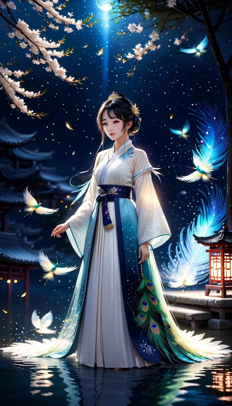 best quality, (masterpiece:1.35), wallpaper, (illustration), The original,(depth of field), 1 girl, alone,whole body,hanfu,Chinese clothes,white dress,water,firefly,night,starry sky, jewelry,feathers on clothes,Peacock feathers, light particles,Volumetric lighting,Ray tracing,