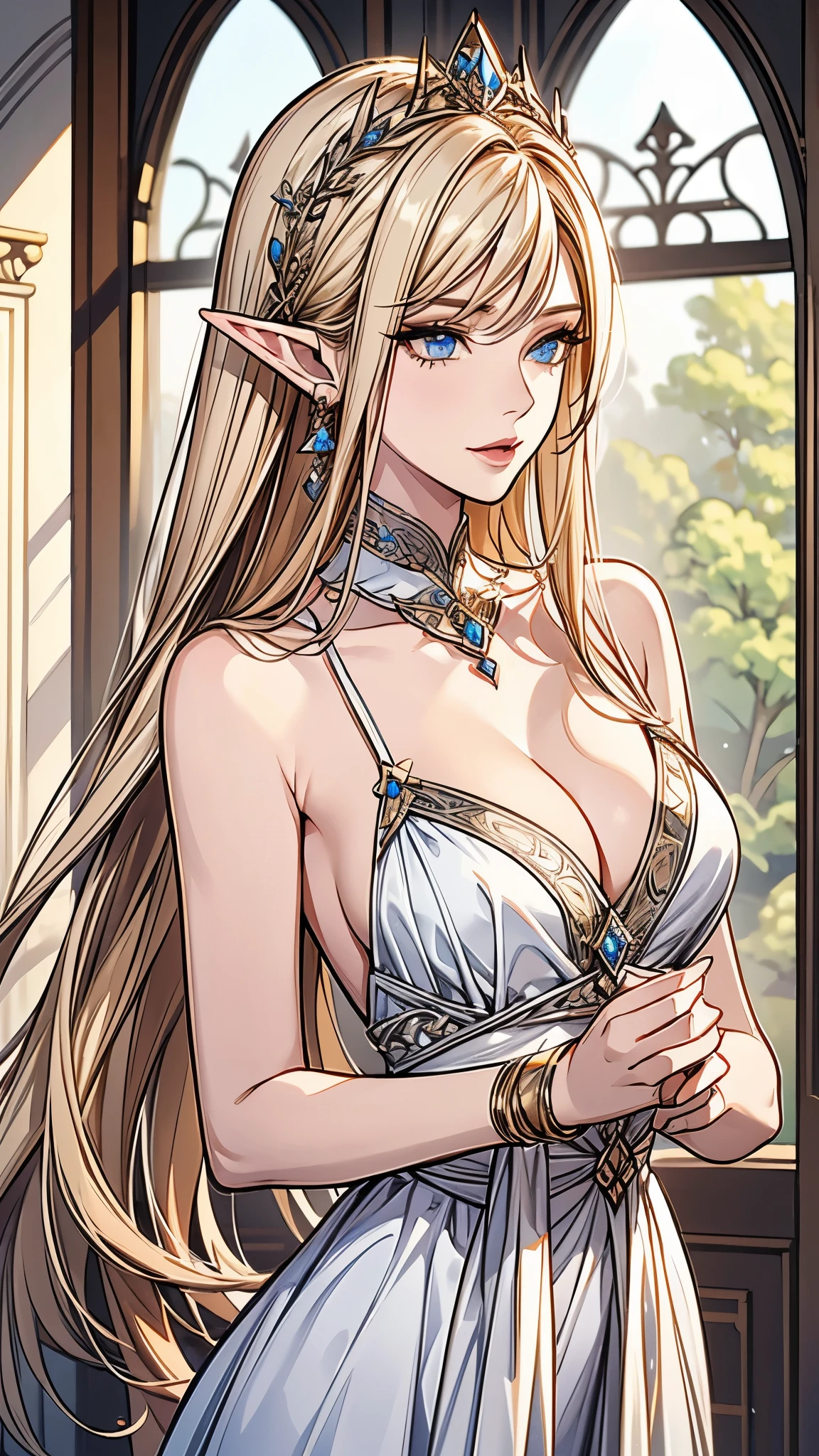 1 girl, Beautiful elf lady, begie blue Long straight hair, upturn elf pointy ears, sexy figure, charming cleavage, very beautiful face, detailed face, delicate eyes, detailed pupil, beautiful and delicate lips, pale skin, Serious, arrogant, absurd, gorgeous detailed dress, royalties, celebration, elegant, Noble, Bare shoulders, small crystal earrings, hand drawn animation, high detailed, palace banquet hall, symmetrical clothes, best quality, masterpiece, Fair,