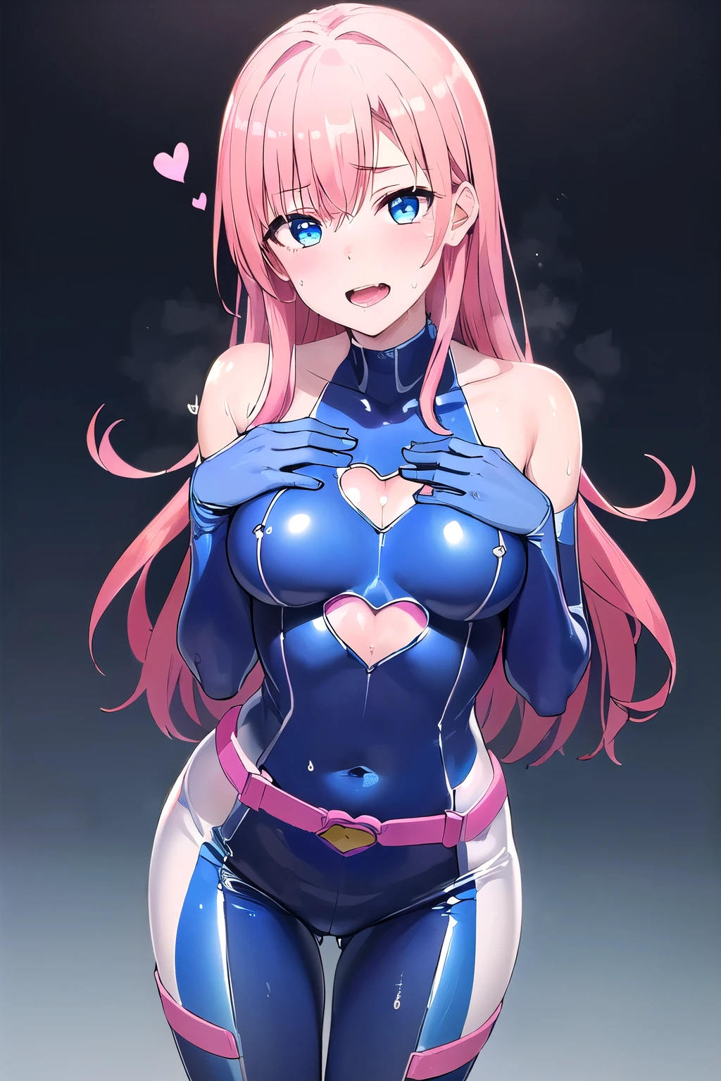 (8K, top-quality, masterpiece:1.2), (reallistic, Photorealsitic:1.37), Super Detail, One girl,), (Highly detailed), (beautifully detailed eyes), (of the highest quality), (super detailed ), (masterpiece), (Detailed face),20yr old, ,1 girl, ((pink hair,long hair)), medium breasts, clothed, Perfect Lighting, BREAK, (blue superheroine:1.5), (shiny blue bodysuit:1.5), (heart-shaped chest cutout:1.4), (long sleeves:1.3), (blue gloves:1.2), (blue knee-high boots:1.4), (blue belt:1.2), (heart accessories:1.3), (dramatic makeup:1.3), (very tight-fitting bodysuit:1.5), (glossy stretchy fabric:1.3), BRAKE, (blue superheroine:1.5), (long pink hair flowing over one shoulder:1.4), (smiling with a hint of a wink:1.3), (chest cutout in heart shape:1.4), (glossy blue bodysuit:1.5), (flirty expression:1.3), (seductive pose:1.4), (mysterious gaze:1.2), (blue gradient background with subtle shine:1.3), (dramatic lighting emphasizing chest and hair:1.5), BRAKE (sweat:1.5), (steam:1.2), (girl trembling with sexual climax:1.1), (looking at viewer:1.3), ahegao, (open mouth, drool:1.2), (Lots of white liquid:1.2), (lots of cum:1.2)