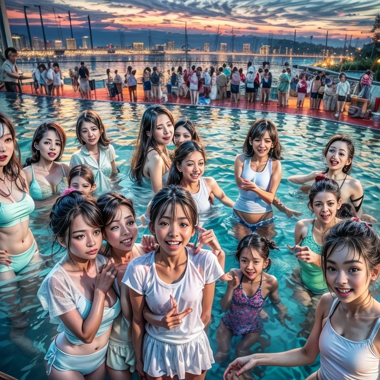 Extremely Detailed (18yo girls crowded together:1.37), (Oodles of girls in background), Smiling, White(Skinny(School swimwear:1.28)), Floating in the pool on (rooftop of Marina Bay Sands at Dusk), (32K best quality masterpiece:1.25) ((Photorealsitic:1.37)) Baby Face, every girls wetted