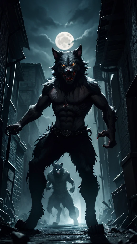 "A fierce and hungry werewolf with sharp teeth and glowing eyes thirsting for blood stands at the end of a dark alley. In the sky, a full, bright moon illuminates the scene with its pale light