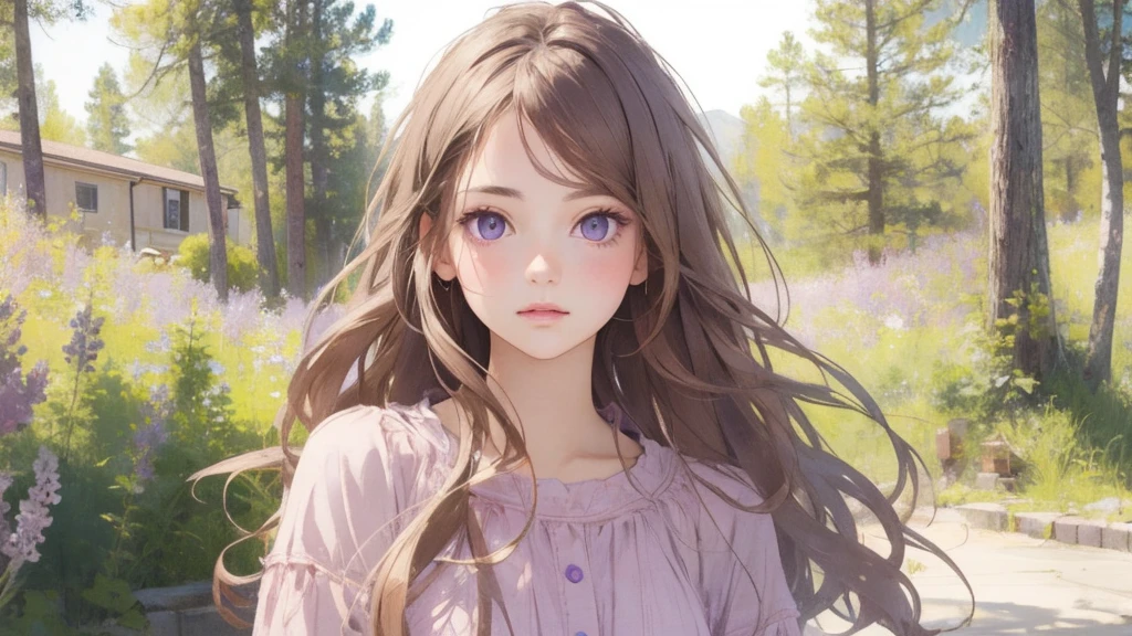 ((Highest quality)), ((masterpiece)), (detailed), Realistic and perfect face、Cute 18 year old girl、Realistic lilac eyes, Long brown hair, Normal clothes