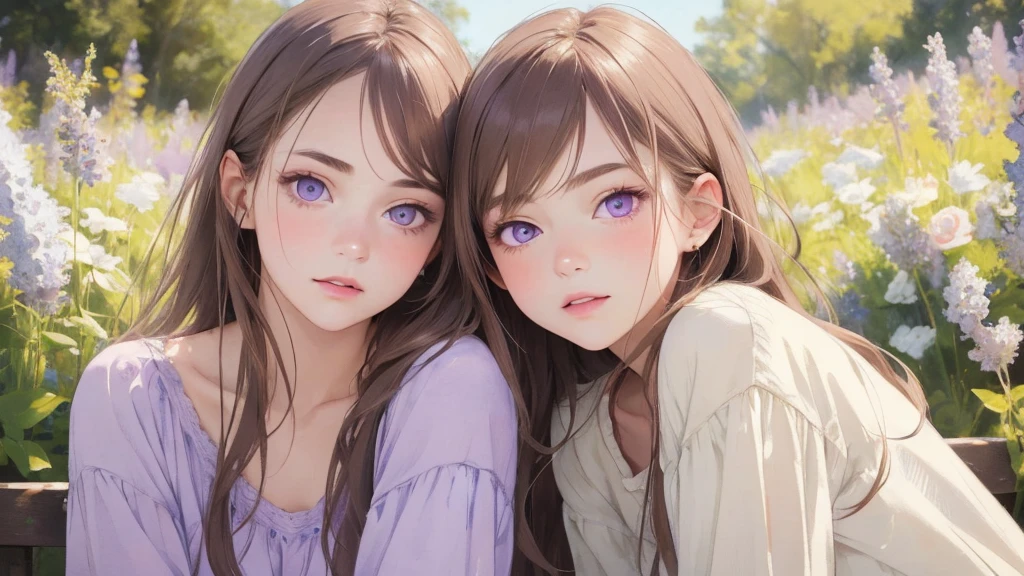 ((Highest quality)), ((masterpiece)), (detailed), Realistic and perfect face、Cute 18 year old girl、Realistic lilac eyes, Long brown hair, Normal clothes