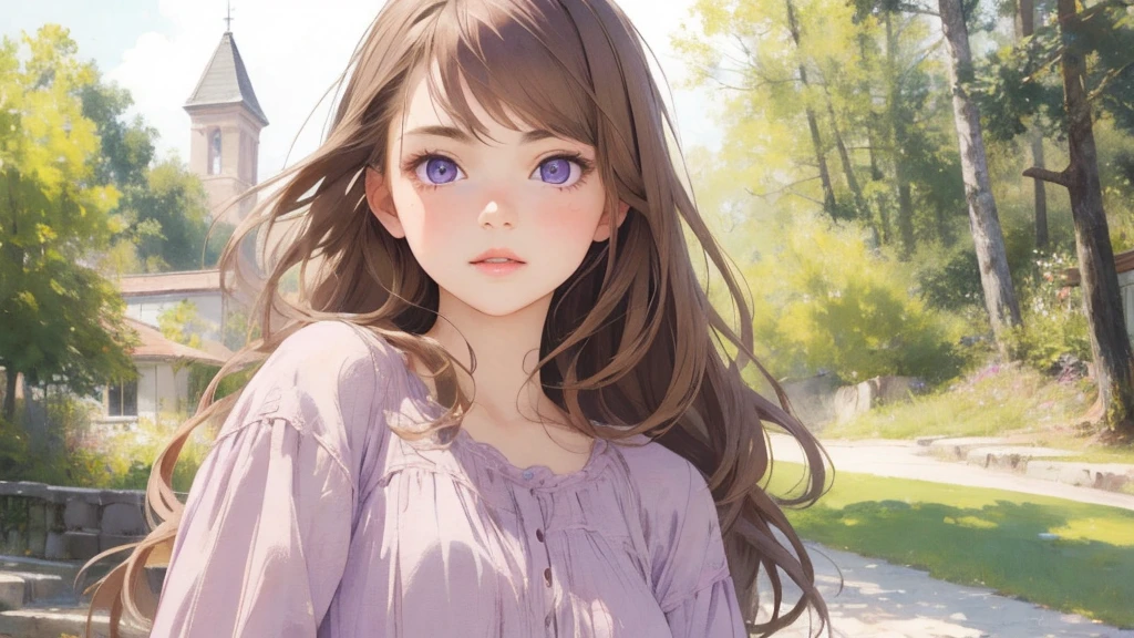 ((Highest quality)), ((masterpiece)), (detailed), Realistic and perfect face、Cute 18 year old girl、Realistic lilac eyes, Long brown hair, Normal clothes