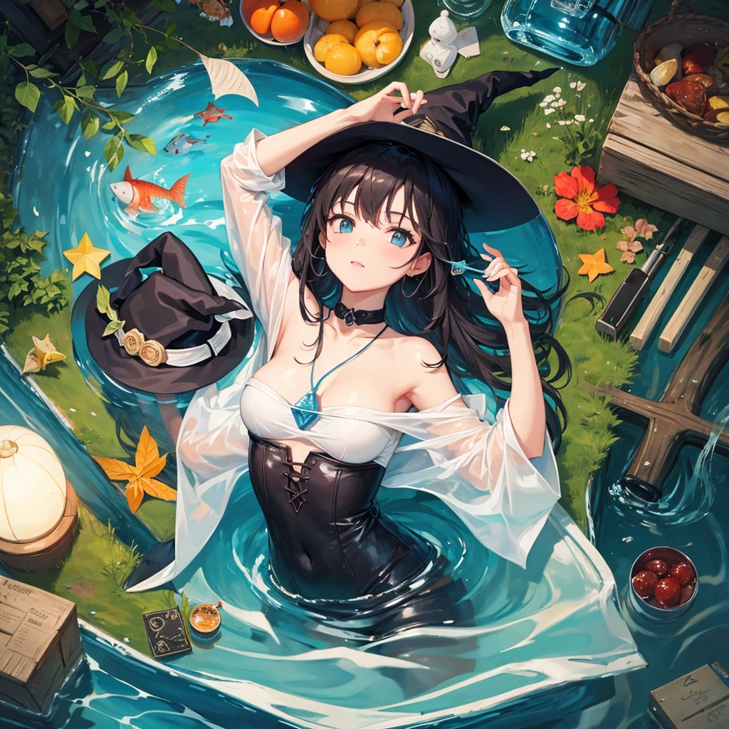 A witch and a fish swimming in a bottle