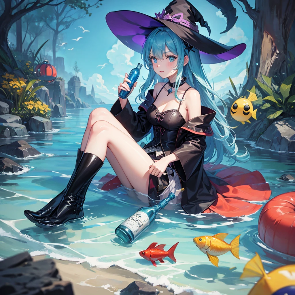 A witch and a fish swimming in a bottle