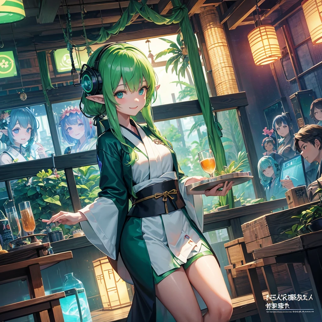 Elf(Maid clothes(kimono) tropical tropicalジュース(tray) Tavern(Adventurer) cyber punk Green light swirling(hologram) Multiple monitors behind(Streaming screen magic circle) Adventurer Medieval Fantasy smile night comics)