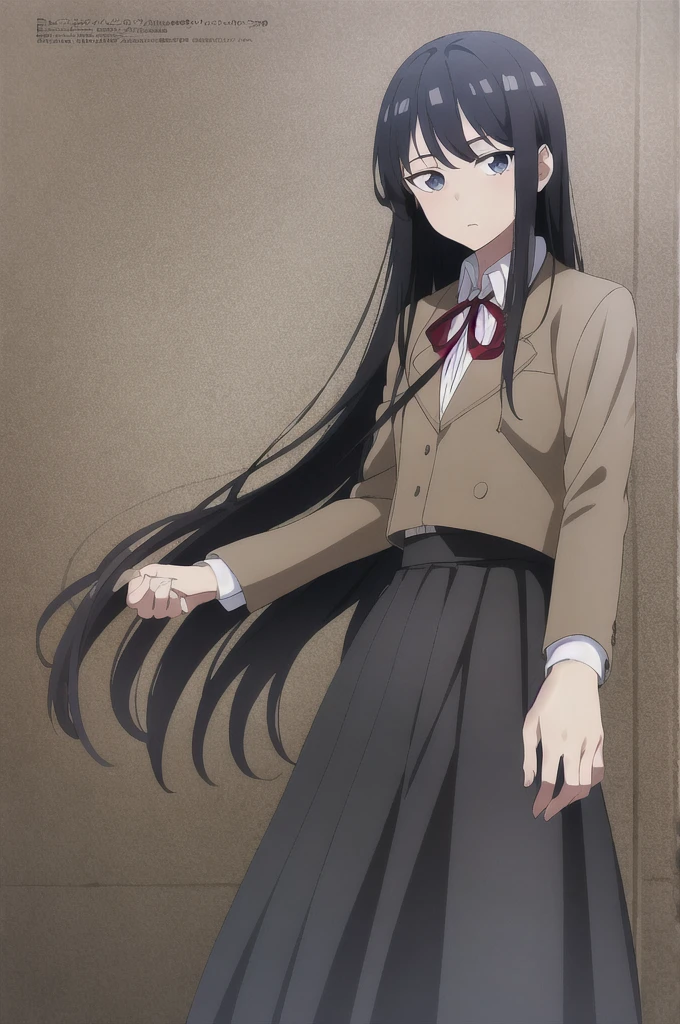 masterpiece, best quality, 1girl, cowboy shot, delicate eyes,long_hair, black_hair, trembling, ribbon, school_uniform, long_sleeves, jacket, looking at viewer,