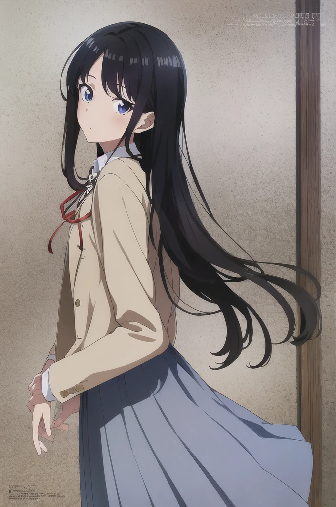 masterpiece, best quality, 1girl, cowboy shot, delicate eyes,long_hair, black_hair, trembling, ribbon, school_uniform, long_sleeves, jacket, looking at viewer,