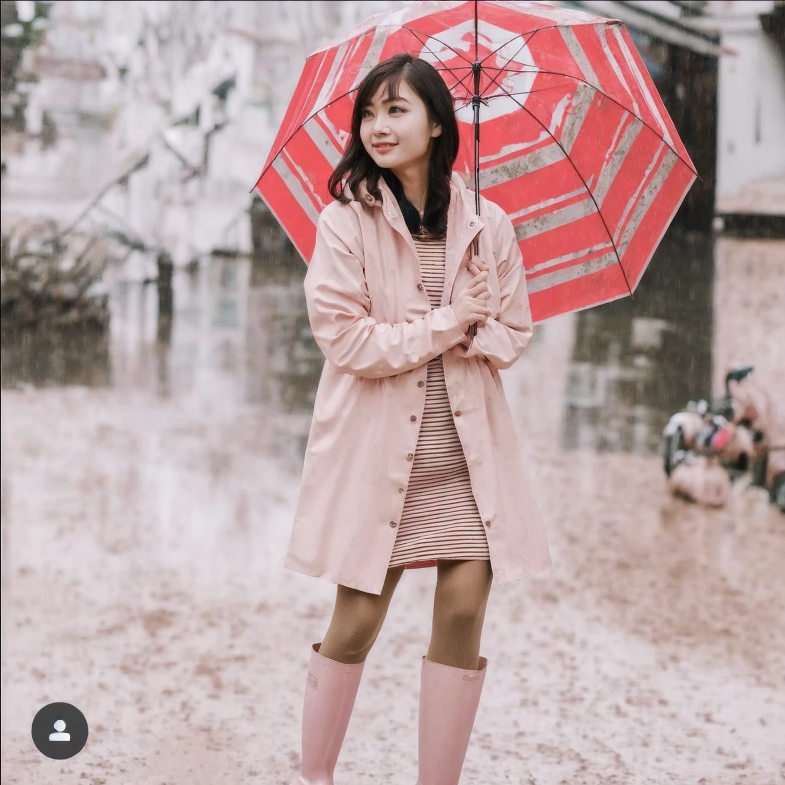 asian lady holding umbrella, cute pose, pink buttoned raincoat, tall pink rain boots, ((((muddy clothes)))), intricate details, highly detailed, masterpiece, 8k, photorealistic, cinematic lighting, vibrant colors, soft focus, elegant, feminine, beautiful, serene, graceful
