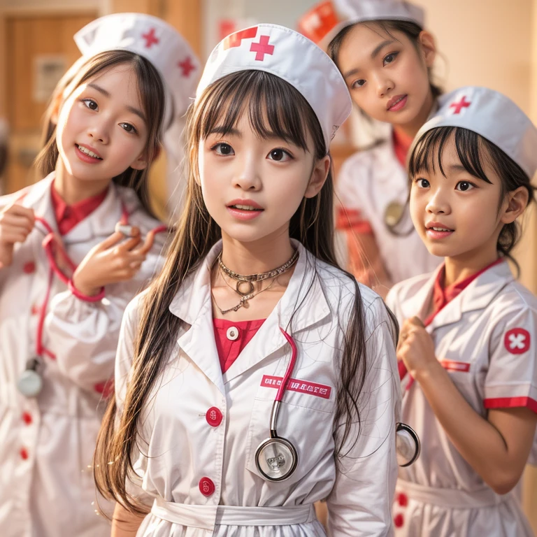 KAWAII girls in Kidzania trying on a Nurse uniform, extremely detailed eyes and face, beautiful detailed lips, longeyelashes, intricate costume details, realistic lighting, (best quality,4k,8k,highres,masterpiece:1.2),ultra-detailed,(realistic,photorealistic,photo-realistic:1.37),professional, bright colors, (Exposeed:0.28)