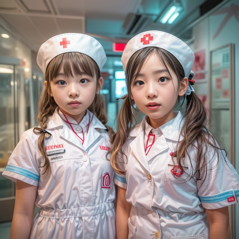 KAWAII girls in Kidzania trying on a Nurse uniform, extremely detailed eyes and face, beautiful detailed lips, longeyelashes, intricate costume details, realistic lighting, (best quality,4k,8k,highres,masterpiece:1.2),ultra-detailed,(realistic,photorealistic,photo-realistic:1.37),professional, bright colors